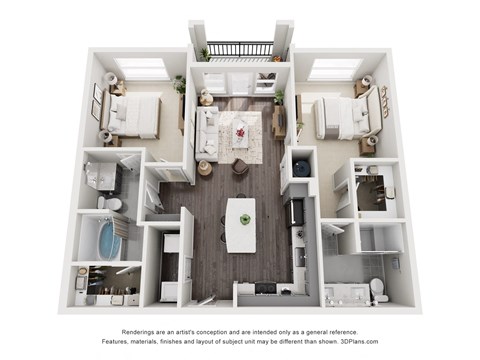 Floor plan for 2 beds, 2 baths, 1054 sqft